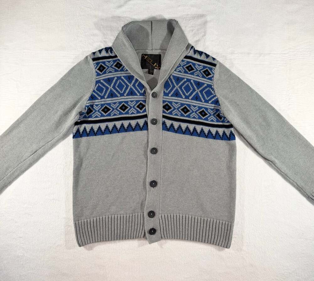 Helix Mens XL Grey Blue Fair Isle Pattern Shawl Collar Cardigan Sweater Cotton